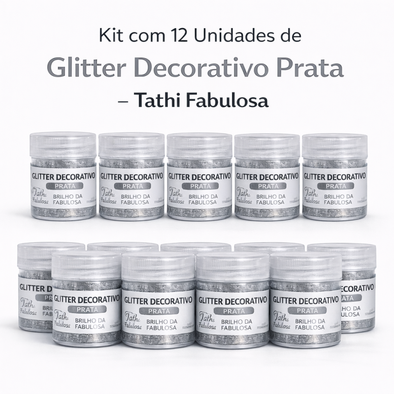Kit com 12 unidades de Glitter Decorativo Prata Tathi Fabulosa